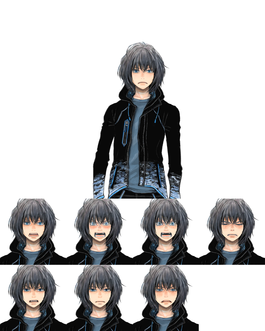 1boy black_hoodie black_jacket blue_eyes blue_shirt expression_chart fate/grand_order fate_(series) game_cg grey_hair highres hood hoodie jacket messy_hair oberon_(fate) oberon_(third_ascension)_(fate) official_alternate_costume official_art shirt umino_chika