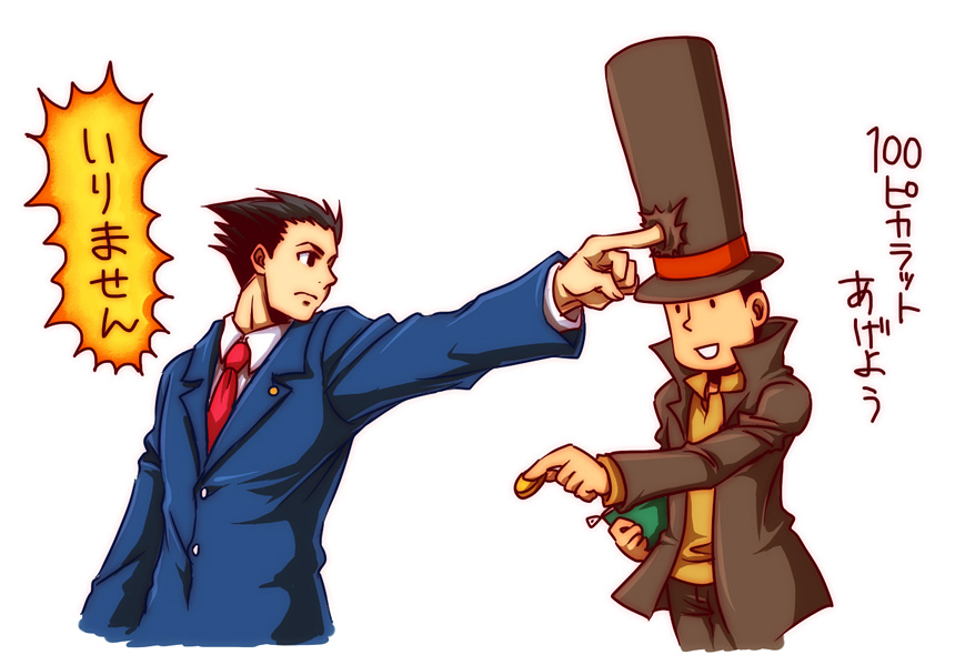 2boys ace_attorney blue_jacket brown_jacket brown_pants buttons coin collared_shirt commentary_request grin hat hershel_layton high_collar holding holding_coin jacket kida_sukizou long_sleeves looking_down male_focus multiple_boys necktie orange_shirt pants phoenix_wright pointing poking professor_layton professor_layton_vs._phoenix_wright:_ace_attorney red_necktie shirt simple_background smile solid_oval_eyes teeth top_hat translation_request white_background white_shirt zipper_pull_tab