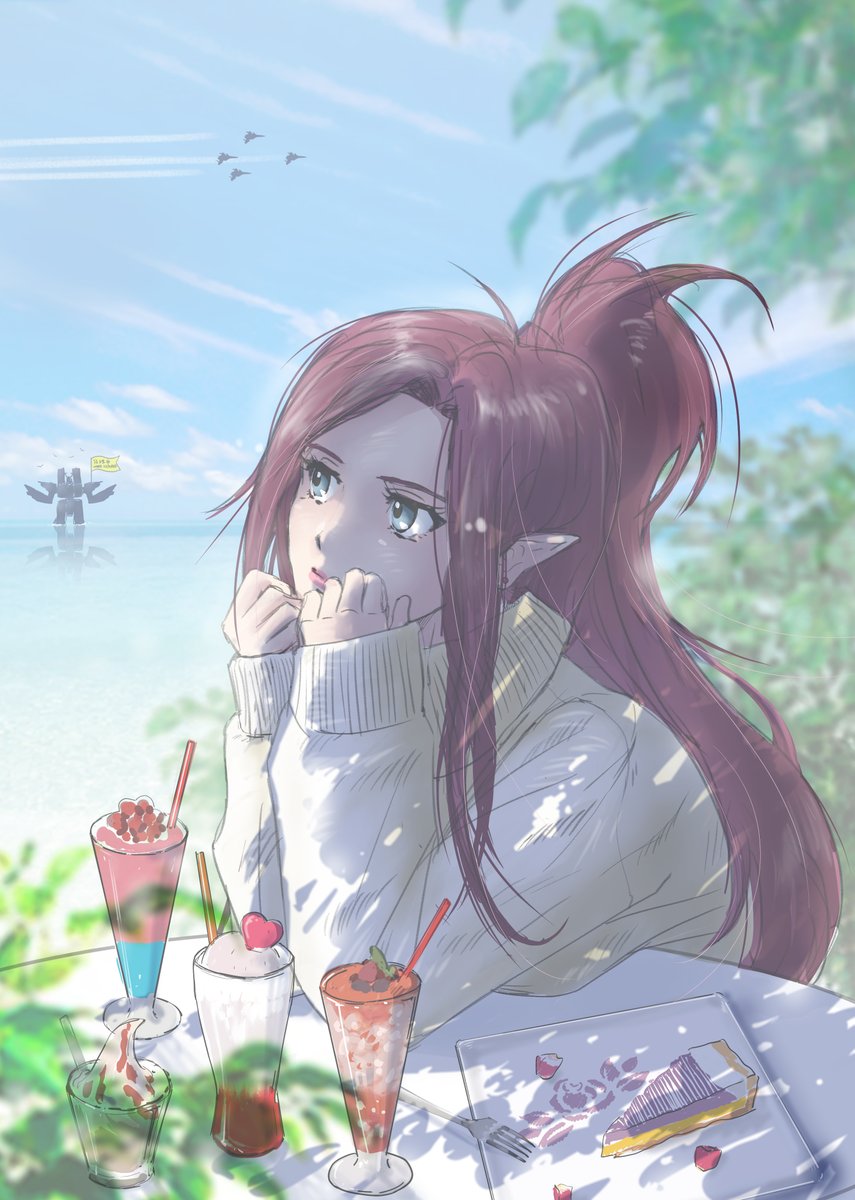 1girl aircraft airplane blue_eyes blurry blurry_background blush bon!!!!!! cake clouds cup drinking_straw fighter_jet flag food fork hair_behind_ear highres ice_cream jet looking_up macross macross_delta macross_elysion mecha military_vehicle mirage_farina_jenius ocean pink_lips pink_nails plate pointy_ears redhead robot sky sleeves_past_wrists solo sweater tree vf-31 water white_sweater