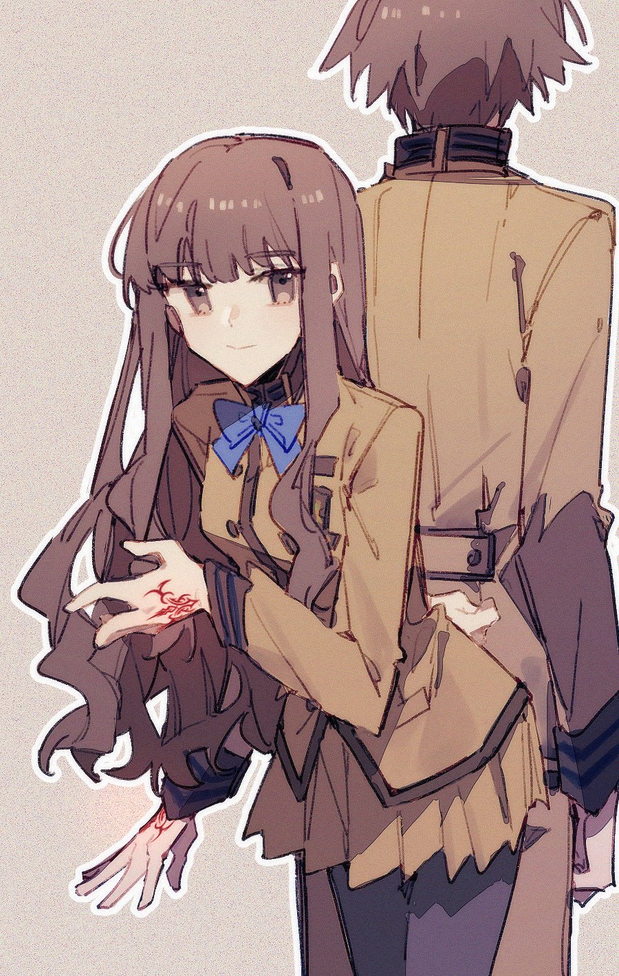 1boy 1girl back-to-back black_pantyhose blue_bow blue_bowtie bow bowtie brown_hair brown_jacket brown_skirt closed_mouth command_spell commentary_request fate/extra fate_(series) highres jacket kishinami_hakuno_(female) kishinami_hakuno_(male) long_hair long_sleeves looking_at_viewer miniskirt pantyhose pleated_skirt s95156 school_uniform short_hair skirt smile tsukumihara_academy_uniform_(fate/extra) uniform