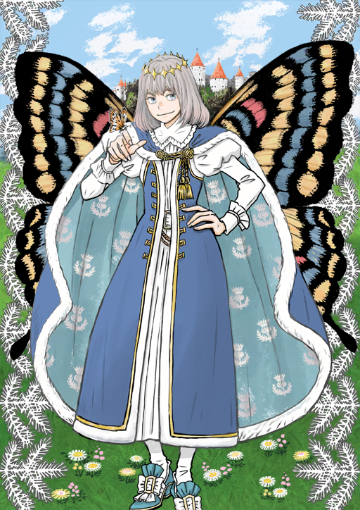1boy blue_cape blue_eyes bug butterfly cape crown fairy fairy_wings fate/grand_order fate_(series) grey_hair holding_butterfly long_sleeves oberon_(fate) official_art puffy_sleeves tunic umino_chika wings