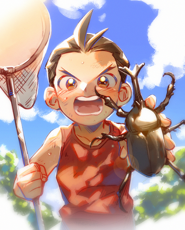 1boy ace_attorney aged_down animal antenna_hair apollo_justice blue_sky blush brown_eyes brown_hair bug butterfly_net child hand_net hi-fi_(fijazzy) holding holding_animal holding_butterfly_net male_focus open_mouth outdoors plant red_shirt red_tank_top shirt short_hair sky sleeveless sleeveless_shirt solo stag_beetle tank_top teeth v-shaped_eyebrows