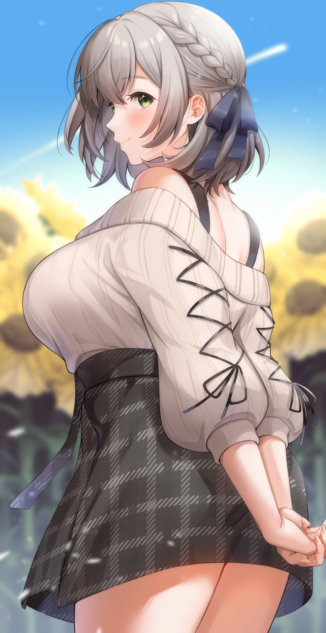 1girl arms_behind_back blurry blurry_background braid breasts flower french_braid from_behind green_eyes grey_hair highres hololive komekueyo large_breasts medium_hair outdoors shirogane_noel sky smile solo sunflower sweater white_sweater