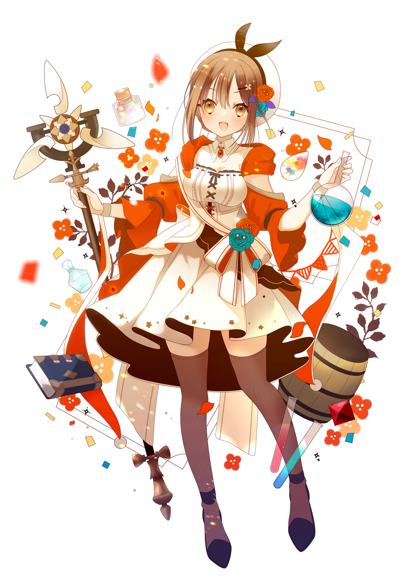 1girl :d atelier_(series) atelier_ryza atelier_ryza_1 barrel beret black_hairband blue_flower blue_rose book bow_hairband brown_eyes brown_hair brown_thighhighs commentary_request detached_collar dress flask flower full_body hair_ornament hairband hairclip hat highres holding holding_flask holding_staff jacket looking_at_viewer official_art red_flower red_jacket red_rose reisalin_stout rose round-bottom_flask short_hair sleeveless sleeveless_jacket smile solo staff test_tube thigh-highs white_background white_dress white_headwear yuzuyomogi