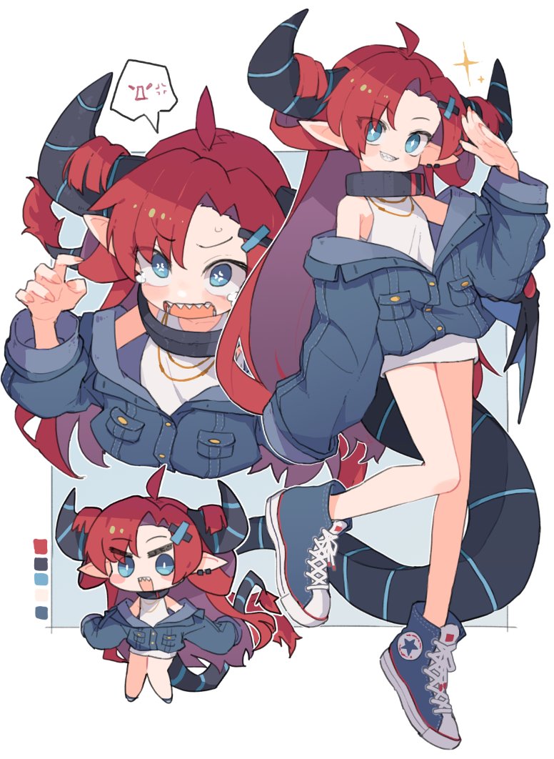 1girl ahoge blue_eyes blue_footwear commission earrings horns jewelry kasa_(hitori_sanka) long_hair long_sleeves looking_at_viewer open_mouth original parted_lips pointy_ears redhead sharp_teeth shoes skeb_commission sneakers solo speech_bubble tail teeth tongue upper_teeth_only