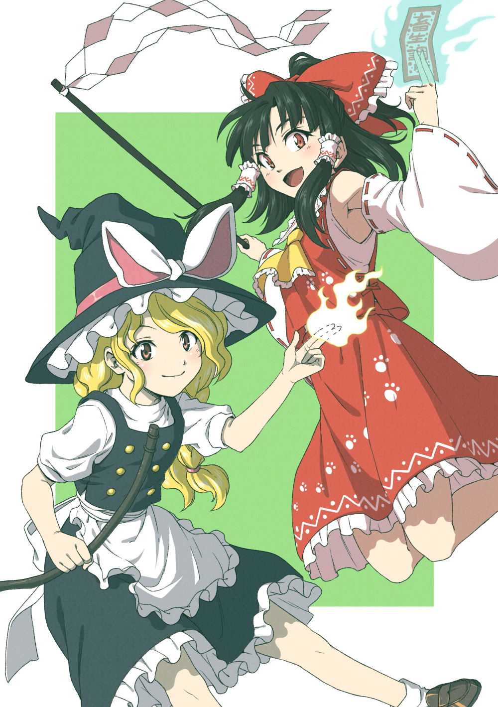 2girls apron ascot bare_shoulders black_footwear black_hair black_headwear black_skirt black_vest blonde_hair blush bow braid closed_mouth detached_sleeves frilled_apron frilled_skirt frills hair_bow hair_tubes hakurei_reimu hat highres holding inuno_rakugaki japanese_clothes kirisame_marisa long_hair multiple_girls nontraditional_miko ofuda open_mouth red_bow red_eyes red_skirt ribbon-trimmed_sleeves ribbon_trim shirt shoes short_sleeves sidelocks single_braid skirt smile socks touhou unfinished_dream_of_all_living_ghost vest waist_apron white_apron white_shirt white_sleeves white_socks wide_sleeves witch_hat yellow_ascot