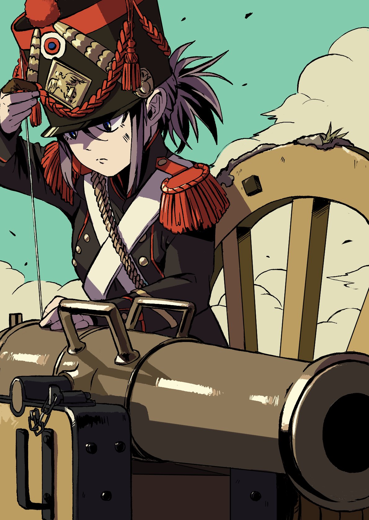1girl antique_cannon antique_firearm black_jacket blue_eyes blue_sky buttons cannon chain clouds commentary_request double-breasted epaulettes france french_army grey_hair gun hair_between_eyes hat highres jacket looking_at_object machinery military_hat military_uniform original ponytail reloading roundel shako_cap shine sidelocks sky soldier solo uniform upper_body weapon wheel zeinikunosekai