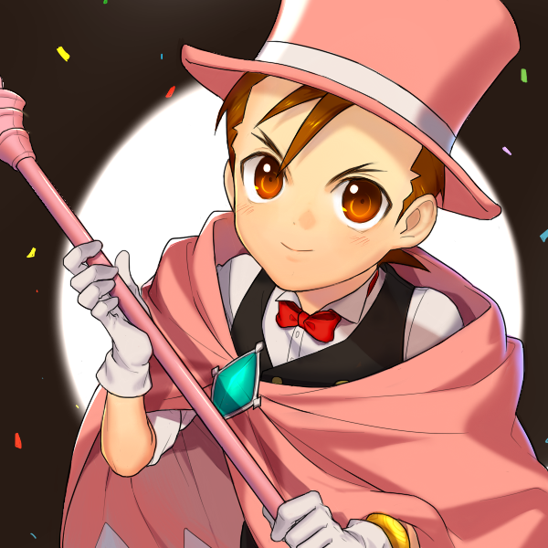 &gt;:) 1boy ace_attorney aged_down apollo_justice aqua_gemstone black_vest blush bow bowtie bracelet brown_eyes brown_hair cape child closed_mouth collared_shirt dot_nose from_above gloves hat holding holding_staff jewelry looking_at_viewer male_focus mizz_(mizzmizz) pink_cape pink_headwear red_bow red_bowtie shirt smile solo staff top_hat two-tone_background upper_body v-shaped_eyebrows vest white_gloves white_shirt