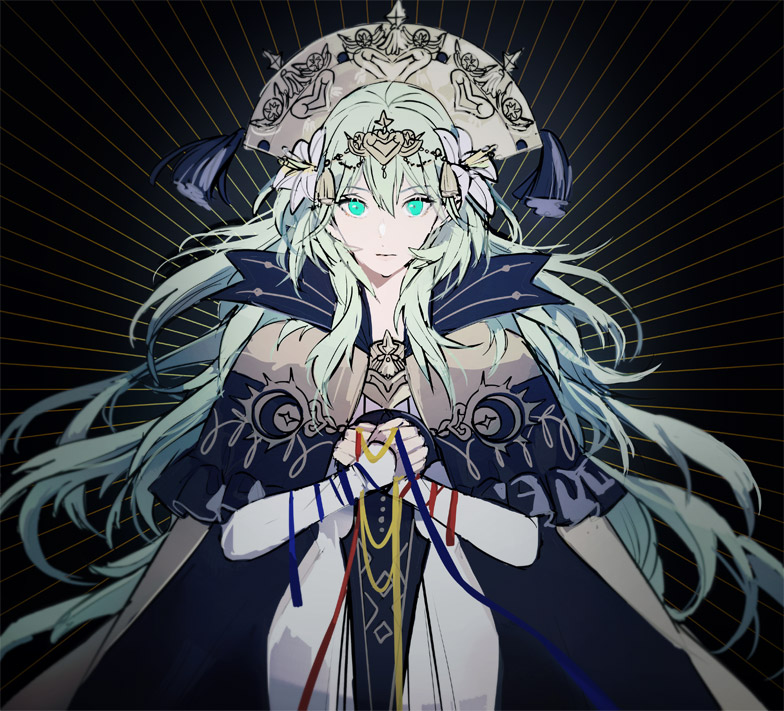 1girl alternate_costume blue_cape byleth_(fire_emblem) cape cosplay dress facing_viewer fire_emblem fire_emblem:_three_houses hand_on_own_chest hat_tassel long_hair looking_at_viewer partially_colored rhea_(fire_emblem) rhea_(fire_emblem)_(cosplay) solo tsukimura_noe very_long_hair white_dress