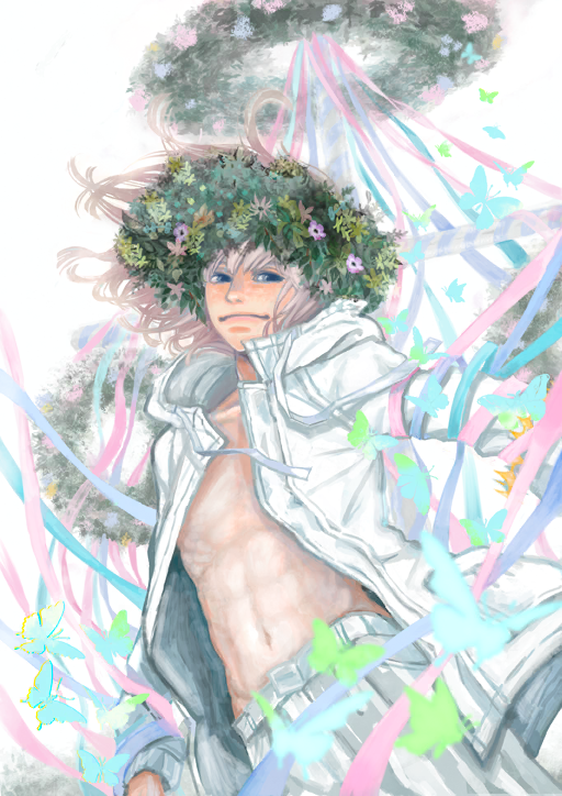 1boy abs blue_eyes bug butterfly fate/grand_order fate_(series) flower grey_hair head_wreath jacket oberon_(fate) official_alternate_costume official_art open_clothes open_shirt pants streamers umino_chika white_jacket white_pants