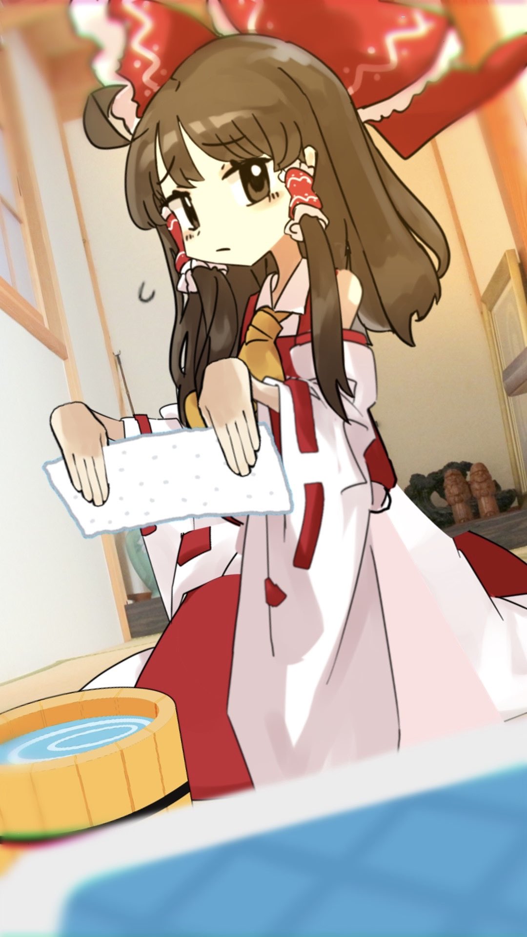 1girl bare_shoulders blush bow brown_eyes brown_hair bucket bucket_of_water collared_shirt detached_sleeves frilled_bow frilled_hair_tubes frills hair_bow hair_tubes hakurei_reimu hands_up highres holding indoors looking_at_viewer medium_hair neckerchief paper_towel red_bow red_skirt ribbon-trimmed_sleeves ribbon_trim shirt simple_background sizinnomeitei skirt solo touhou water wooden_bucket yellow_neckerchief