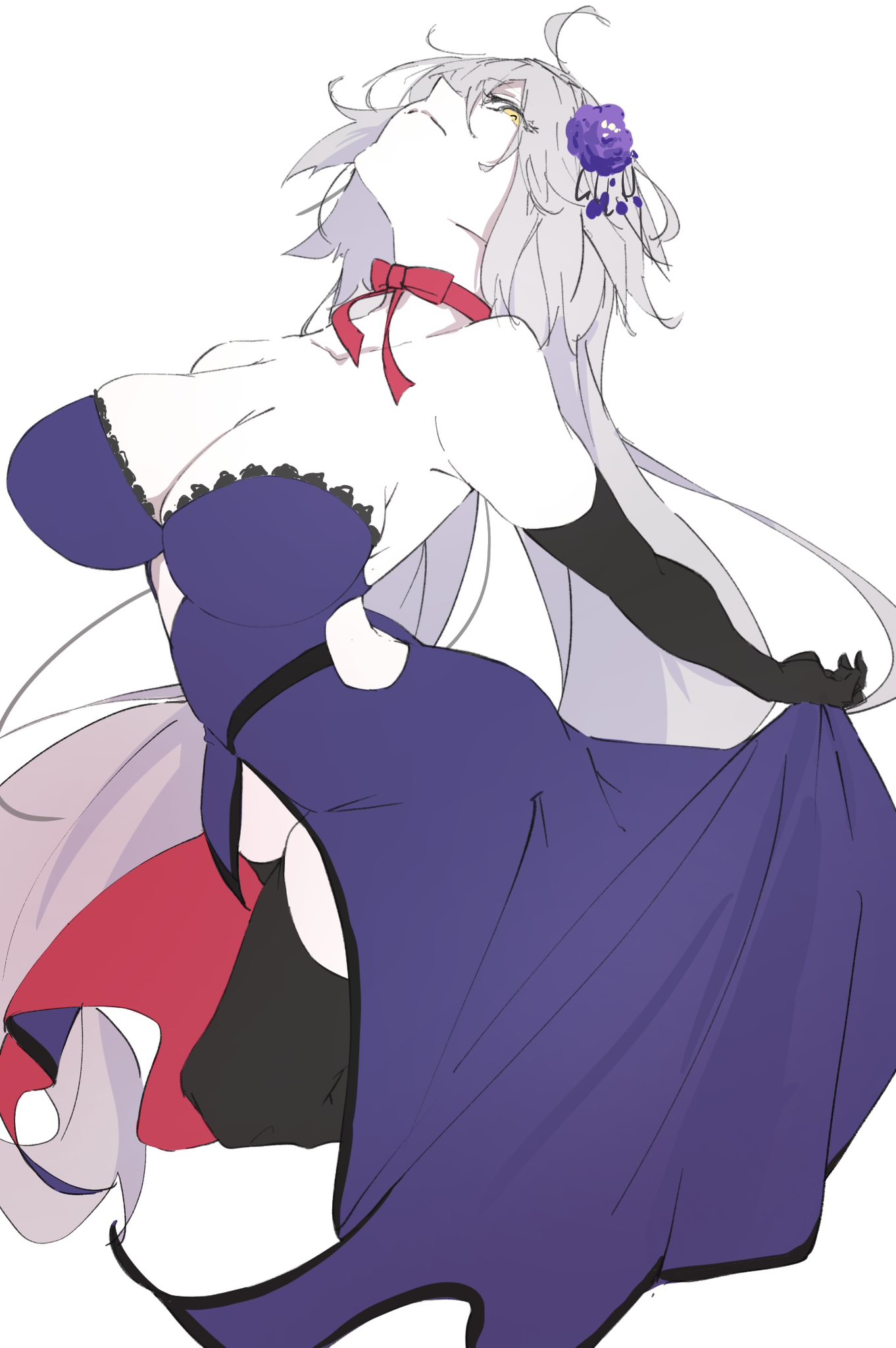 1girl ahoge arched_back back_cutout black_gloves black_thighhighs breasts choker clothing_cutout elbow_gloves fate/grand_order fate_(series) flower gloves hair_flower hair_ornament highres jeanne_d'arc_alter_(fate) jeanne_d'arc_alter_(holy_night_supper)_(fate) large_breasts long_hair looking_at_viewer no_bra ri_o_ne_su simple_background thigh-highs very_long_hair white_background yellow_eyes zettai_ryouiki