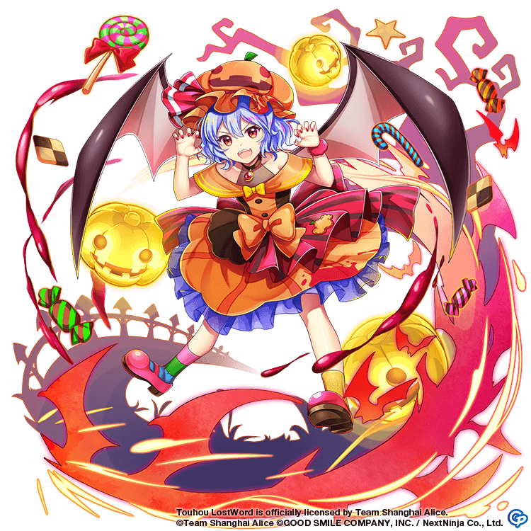 1girl bare_shoulders bat_wings blue_hair bow candy candy_cane commentary copyright_name dress english_commentary food frilled_dress frills full_body game_cg halloween halloween_costume hat hat_ribbon high_heels jack-o'-lantern lollipop looking_at_viewer mob_cap open_mouth orange_bow orange_dress orange_headwear red_eyes red_footwear red_nails red_ribbon remilia_scarlet remilia_scarlet_(trick_or_grrr!) ribbon rotte_(1109) short_hair solo teeth third-party_source touhou touhou_lost_word upper_teeth_only wings