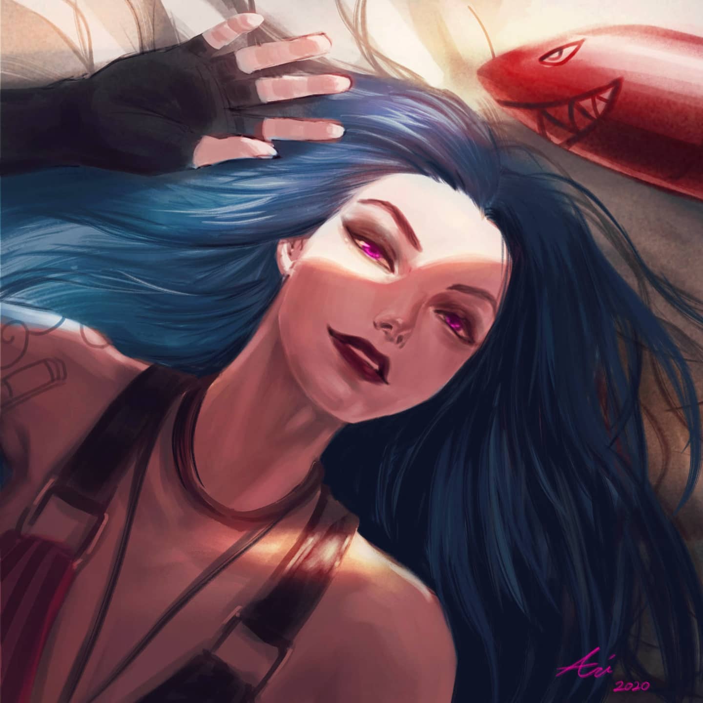 1girl 2020 arcane:_league_of_legends arcane_jinx arilee_art arm_tattoo artist_name bare_shoulders blue_hair brown_choker choker cloud_tattoo dated fingerless_gloves gloves hair_undone highres jinx_(league_of_legends) league_of_legends long_hair looking_at_viewer lying on_back red_lips rocket shoulder_tattoo signature smile solo striped tattoo violet_eyes
