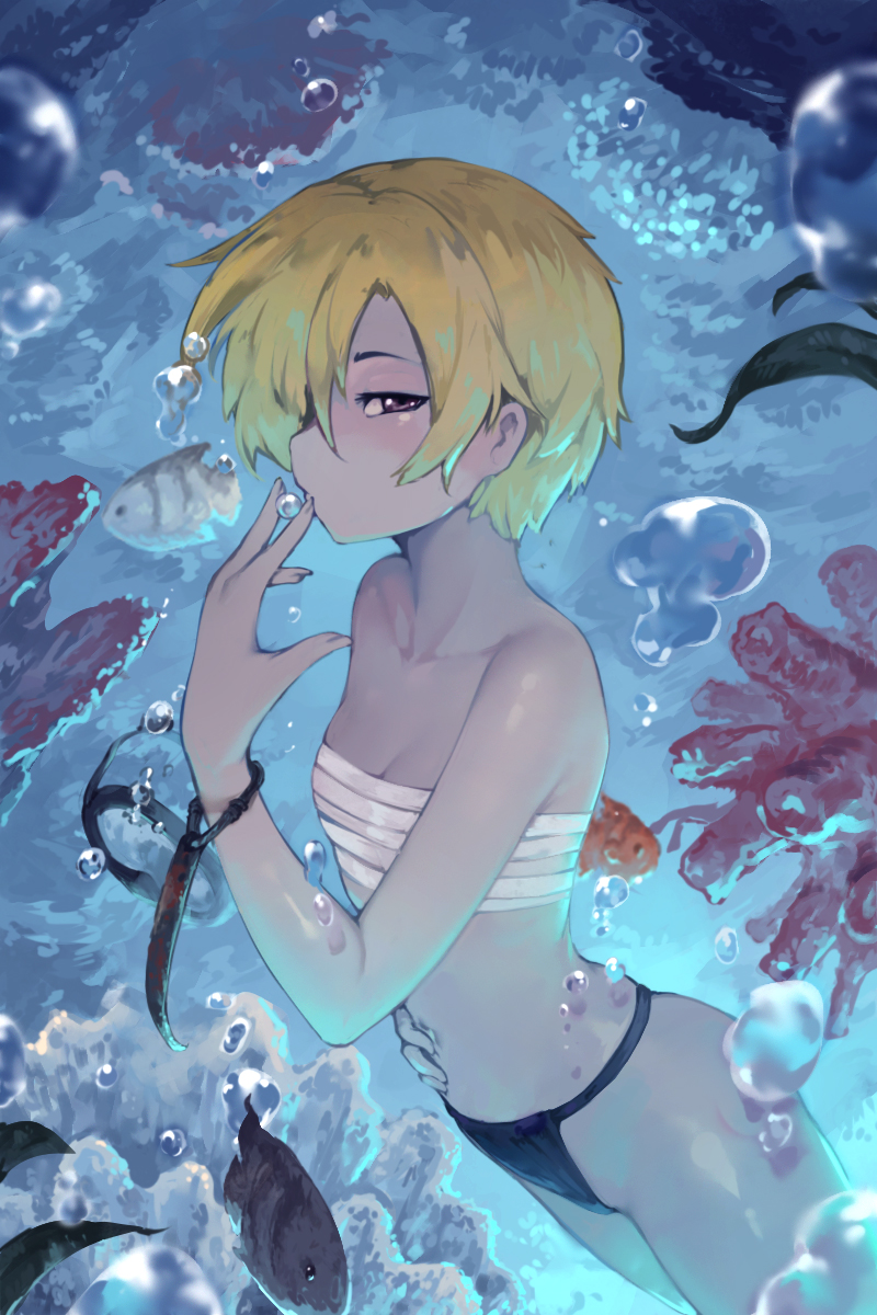 1girl accessories blonde_hair bubble chest_sarashi coral coral_reef diving_mask diving_mask_removed finger_to_mouth fish flat_chest fundoshi goggles hair_over_one_eye hand_on_own_stomach highres idolmaster japanese_clothes looking_at_viewer rou_(rou22) sarashi shirasaka_koume short_hair underwater