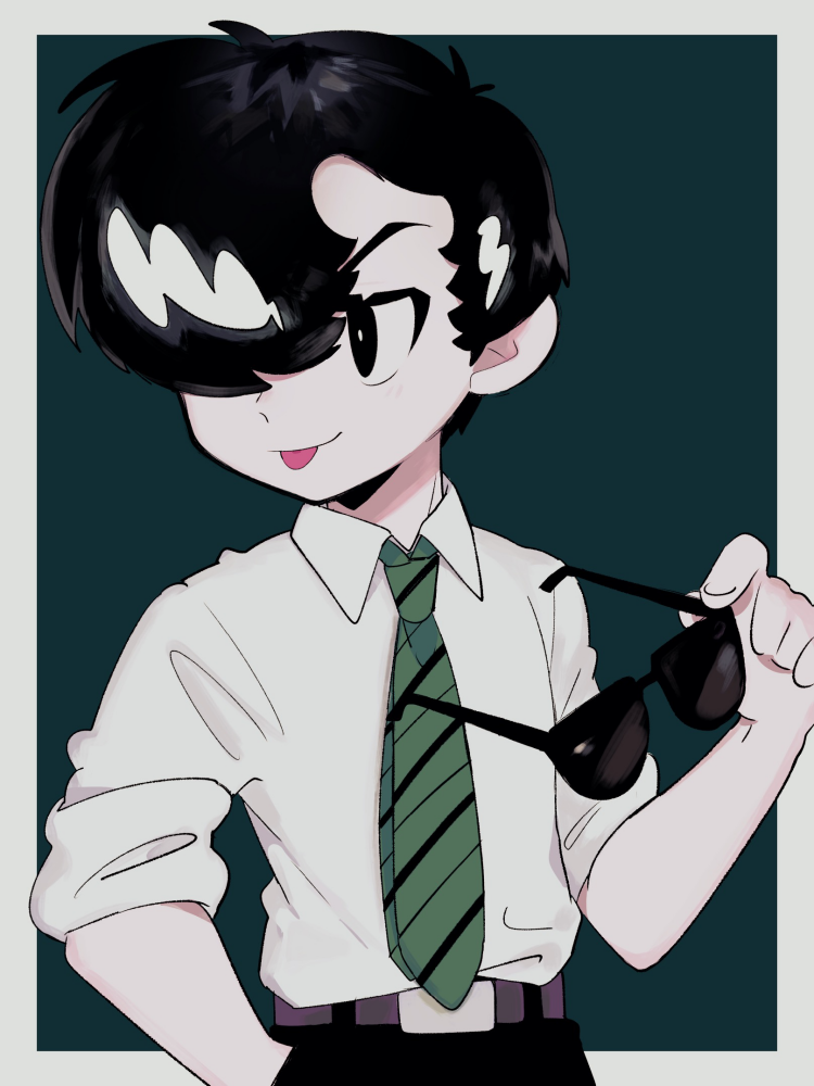 1boy :p a_(poipiku_325815) belt belt_buckle black_eyes black_hair black_pants blue_background border buckle closed_mouth collared_shirt commentary eyewear_removed green_necktie hair_over_one_eye hand_in_pocket holding holding_removed_eyewear looking_afar male_focus necktie outside_border pants rock_(character) shirt short_hair sideways_glance sleeves_rolled_up smirk solo star_system striped_necktie sunglasses tongue tongue_out v-shaped_eyebrows white_border white_shirt