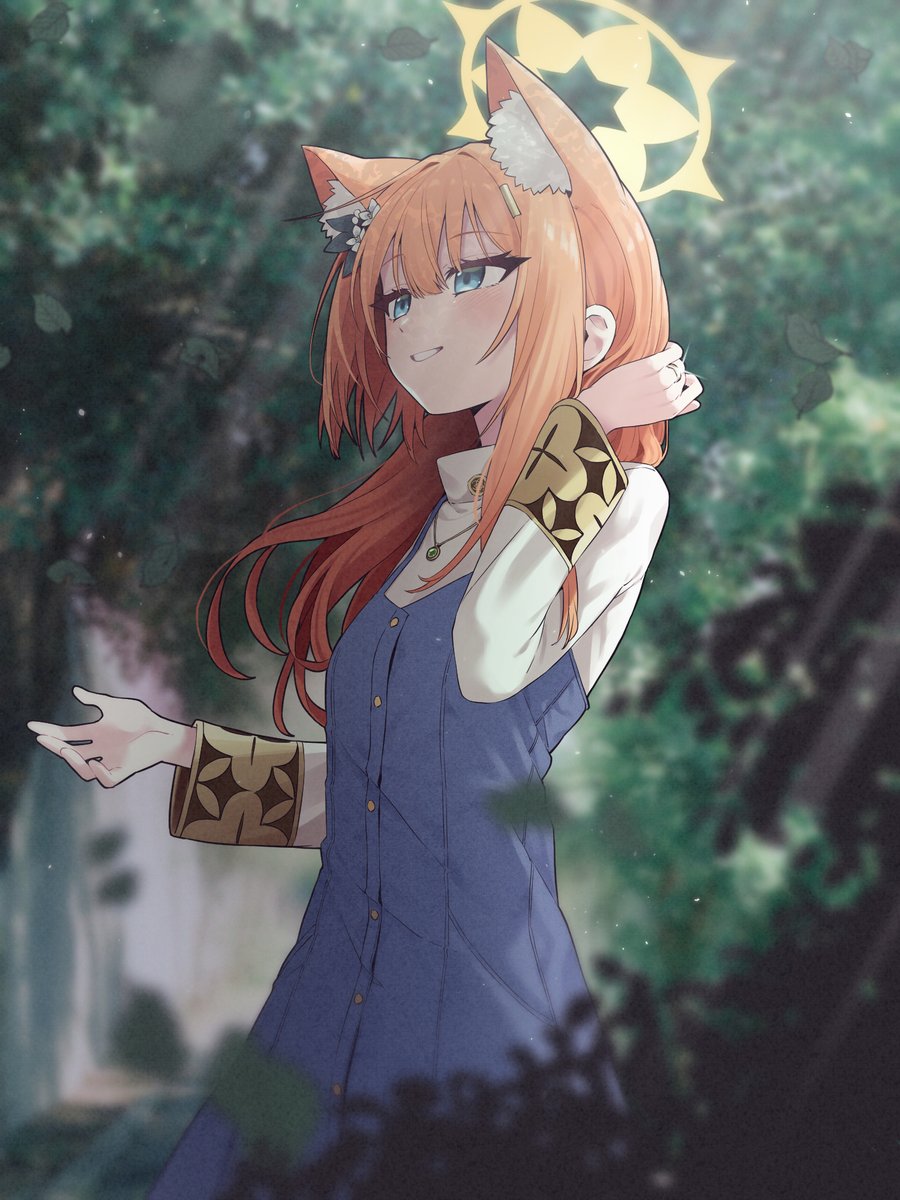1girl :d adjusting_hair alternate_costume animal_ear_fluff animal_ears b.t._(boob_tong) blue_archive blue_eyes blurry casual cat_ears cat_girl commentary_request dappled_sunlight depth_of_field dress extra_ears flower forest hair_between_eyes hair_flower hair_ornament hairclip halo highres jewelry long_hair long_sleeves looking_up mari_(blue_archive) nature necklace orange_hair outdoors parted_lips pendant pinafore_dress ring sidelocks sleeveless sleeveless_dress smile solo sunlight wedding_ring