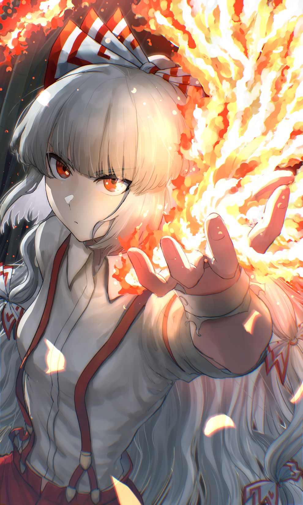 1girl arm_up bow closed_mouth collared_shirt dutch_angle eye_reflection fire fujiwara_no_mokou hair_bow harapan-kun highres hime_cut light_particles long_hair long_sleeves looking_ahead magic open_hand pants red_pants reflection serious shirt sidelocks sleeve_garter solo suspenders torn_clothes touhou upper_body v-shaped_eyebrows very_long_hair white_bow white_hair white_shirt