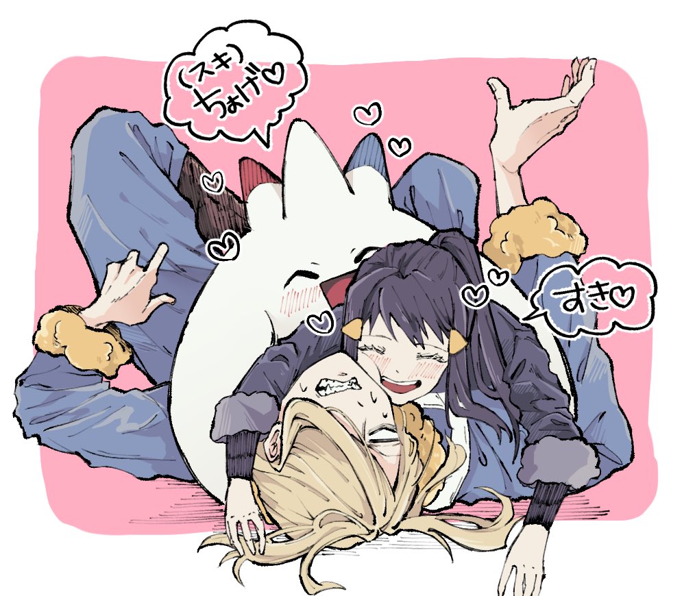187c1082 1boy 1girl akari_(pokemon) annoyed blonde_hair blue_hair blush clenched_teeth commentary_request hug long_hair lying on_back on_ground pokemon pokemon_(creature) pokemon_(game) pokemon_legends:_arceus ponytail smile teeth togekiss translation_request volo_(pokemon)