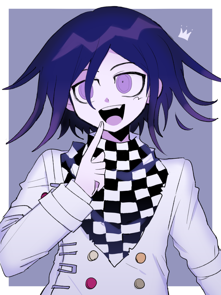 1boy :d a_(poipiku_325815) blue_background border buttons checkered_clothes checkered_scarf commentary_request crown danganronpa_(series) danganronpa_v3:_killing_harmony finger_to_mouth hand_up jacket long_sleeves looking_to_the_side male_focus oma_kokichi open_mouth purple_hair scarf short_hair smile solo straitjacket upper_body violet_eyes white_border white_jacket