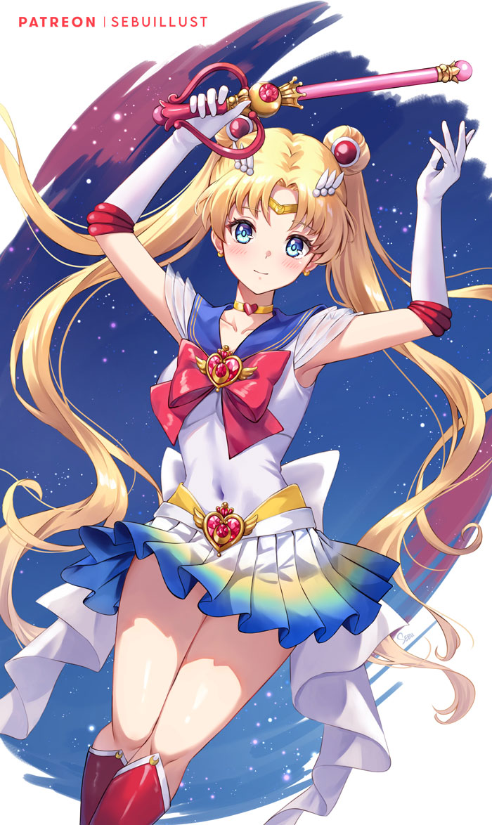 1girl arms_up artist_name bishoujo_senshi_sailor_moon blonde_hair blue_eyes blue_sailor_collar blue_skirt blush boots circlet closed_mouth collarbone covered_navel double_bun elbow_gloves floating_hair gloves gradient_skirt hair_bun holding holding_staff knee_boots leotard long_hair looking_at_viewer miniskirt pleated_skirt red_footwear sailor_collar sailor_moon sailor_senshi_uniform sebu_illust skirt smile solo staff super_sailor_moon twintails very_long_hair white_gloves white_leotard white_skirt yellow_eyes