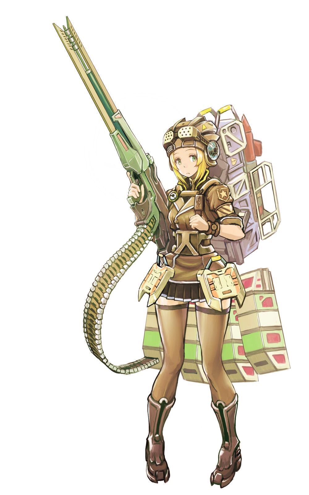 1girl armor artist_request battle_of_titans blonde_hair boots brown_thighhighs clenched_hand closed_mouth goggles goggles_on_headwear green_eyes hat highres holding holding_weapon looking_at_viewer magazine_(weapon) mecha_musume military_uniform missile_pod nelly_(battle_of_titans) personification plate_armor pleated_skirt railgun skirt standing thigh-highs uniform weapon
