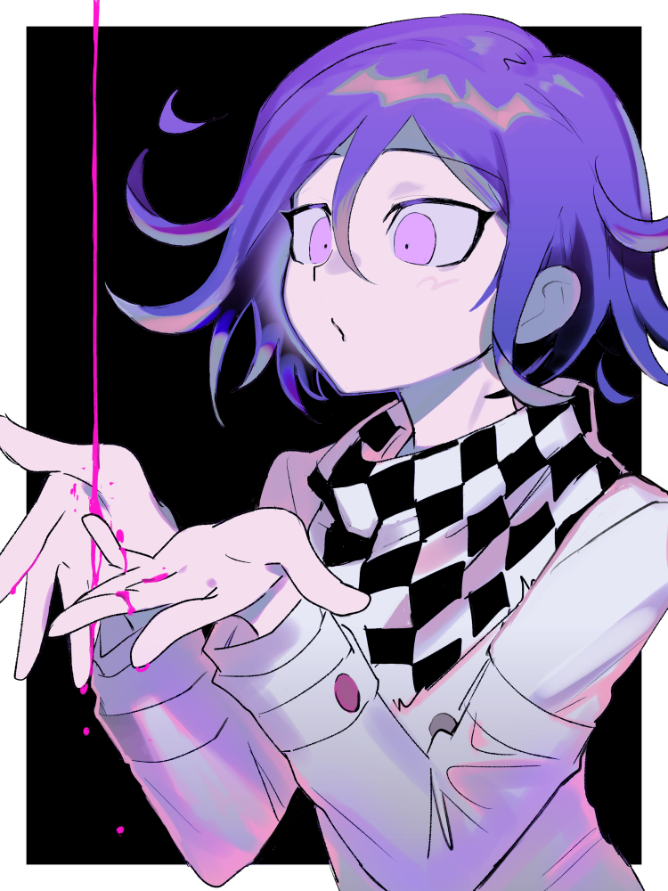 1boy a_(poipiku_325815) black_background blood blood_on_hands border checkered_clothes checkered_scarf commentary_request danganronpa_(series) danganronpa_v3:_killing_harmony hair_between_eyes hands_up jacket long_sleeves male_focus oma_kokichi pink_blood purple_hair scarf short_hair simple_background solo straitjacket upper_body violet_eyes white_border white_jacket