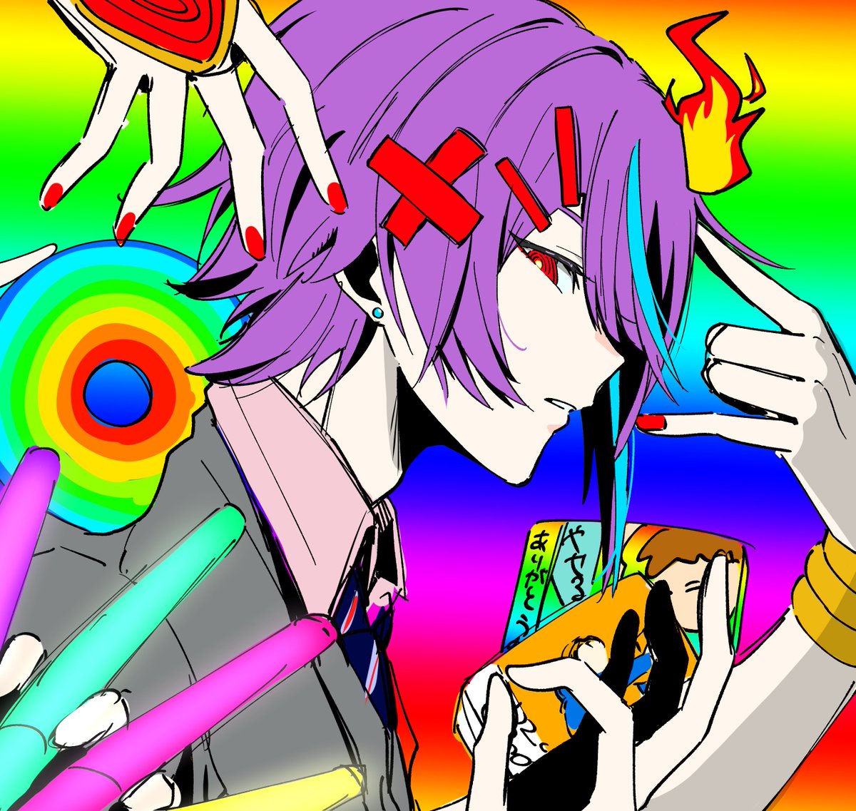 1boy blue_hair blue_necktie bracelet bright_pupils cardigan cd collared_shirt extra_arms fire gradient_background grey_cardigan hair_ornament holding_cd holding_glowstick jewelry kamishiro_rui looking_at_viewer multicolored_hair necktie parted_lips profile project_sekai purple_hair rainbow_gradient red_eyes red_nails ringed_eyes shirt solo streaked_hair taro14_tea upper_body white_pupils white_shirt x_hair_ornament