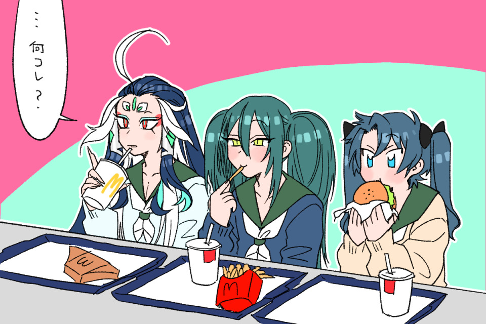 3boys ahoge alternate_costume alternate_hairstyle black_hair blue_eyes blue_eyeshadow brown_shirt burger commentary_request cup disposable_cup drinking_straw drinking_straw_in_mouth eating eyeshadow fate/grand_order fate_(series) food french_fries fujimaru_ritsuka_(male) gedougawa green_hair green_sailor_collar grey_hair hair_between_eyes hair_slicked_back holding holding_food long_bangs long_hair makeup male_focus mcdonald's medium_bangs multiple_boys neckerchief open_mouth outline red_eyes sailor_collar school_uniform serafuku shi_huang_di_(fate) shirt sidelocks sitting slit_pupils table translation_request twintails upper_body white_hair white_neckerchief white_outline yan_qing_(fate) yellow_eyes