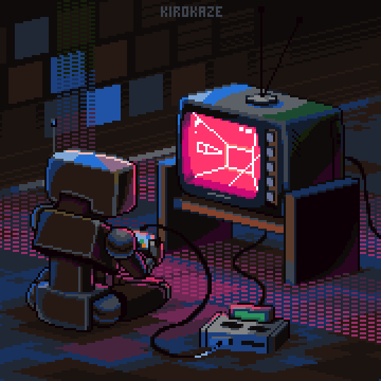 abueloretrowave animated animated_gif antennae controller dark_room from_behind game_console holding holding_controller indoors light looping_animation nes no_humans on_floor original playing_games robot sitting spacecraft television wall wire