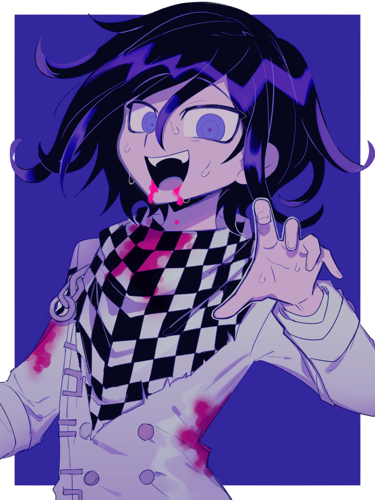 1boy :d a_(poipiku_325815) black_hair bleeding blood blood_from_mouth blood_on_clothes blood_on_face border buttons checkered_clothes checkered_scarf commentary_request danganronpa_(series) danganronpa_v3:_killing_harmony hair_between_eyes hand_up jacket long_sleeves looking_at_viewer male_focus oma_kokichi open_mouth purple_background scarf short_hair smile solo straitjacket sweatdrop upper_body violet_eyes white_border white_jacket