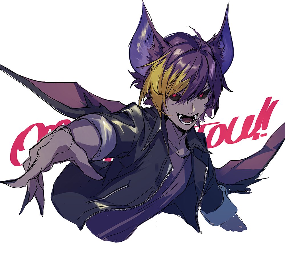 &gt;:) 1boy ahoge animal_ears bat_boy bat_ears bat_wings black_jacket black_sclera blonde_hair collarbone collared_jacket colored_sclera colored_skin commentary_request cropped_torso demon_bat_(show_by_rock!!) ebira fangs fingernails from_side hair_between_eyes jacket looking_at_viewer male_focus multicolored_hair open_mouth outstretched_arm pink_eyes purple_hair purple_shirt purple_skin reaching reaching_towards_viewer sharp_fingernails shirt show_by_rock!! simple_background slit_pupils solo two-tone_hair upper_body v-shaped_eyebrows white_background wings