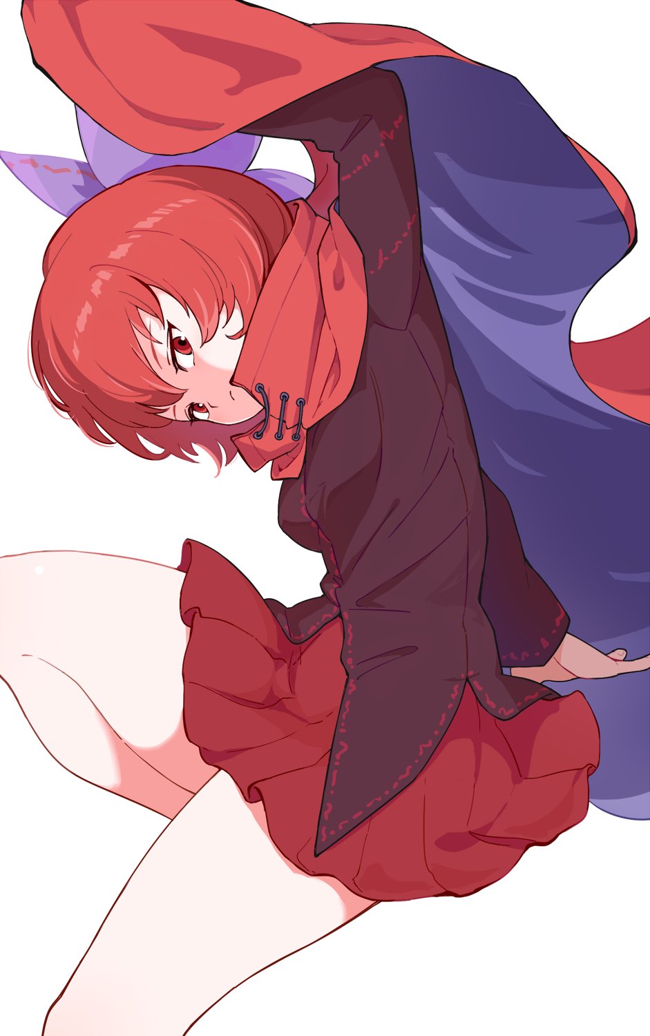 1girl black_shirt blue_bow blue_cape bow cape closed_mouth hair_bow highres long_sleeves maguro_(mawaru_sushi) pleated_skirt red_cape red_eyes red_skirt redhead sekibanki shirt short_hair simple_background skirt solo touhou white_background