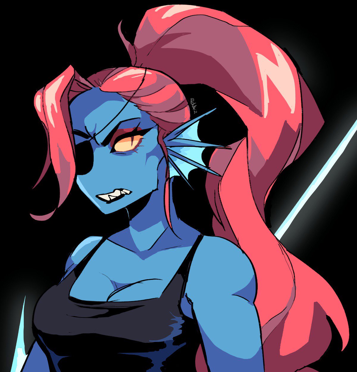 1girl 2019 _zzappyy_ anthro black_background black_tank_top blue_body blue_skin breasts cleavage eye_patch eyepatch female female_anthro female_only fish fish_girl holding_spear holding_weapon long_hair ponytail red_hair sharp_teeth simple_background slit_pupils solo solo_female spear tank_top tanktop undertale undyne upper_body weapon yellow_sclera