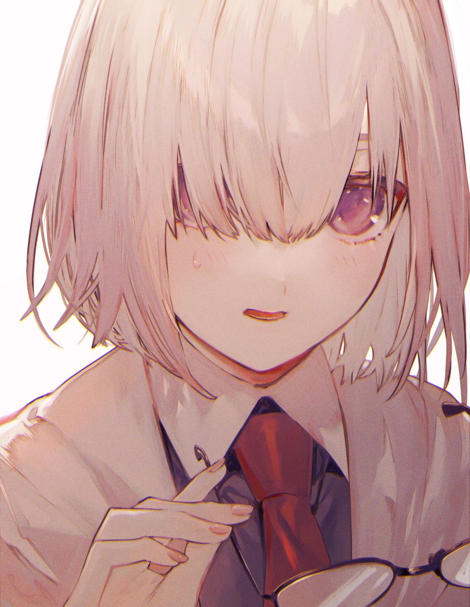 1girl albino_(a1b1n0623) close-up collared_shirt eyewear_removed fate/grand_order fate_(series) glasses hair_over_one_eye highres holding holding_removed_eyewear light_purple_hair looking_at_viewer mash_kyrielight necktie parted_lips red_necktie shirt short_hair simple_background solo sweatdrop violet_eyes white_background