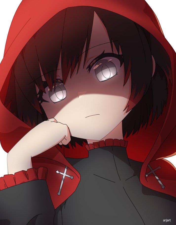 1girl ar_jart artist_name black_dress black_hair clenched_hand close-up closed_mouth dress gradient_hair grey_eyes hand_on_own_chin hood hood_up looking_at_viewer multicolored_hair redhead ruby_rose rwby shaded_face shadow short_hair solo