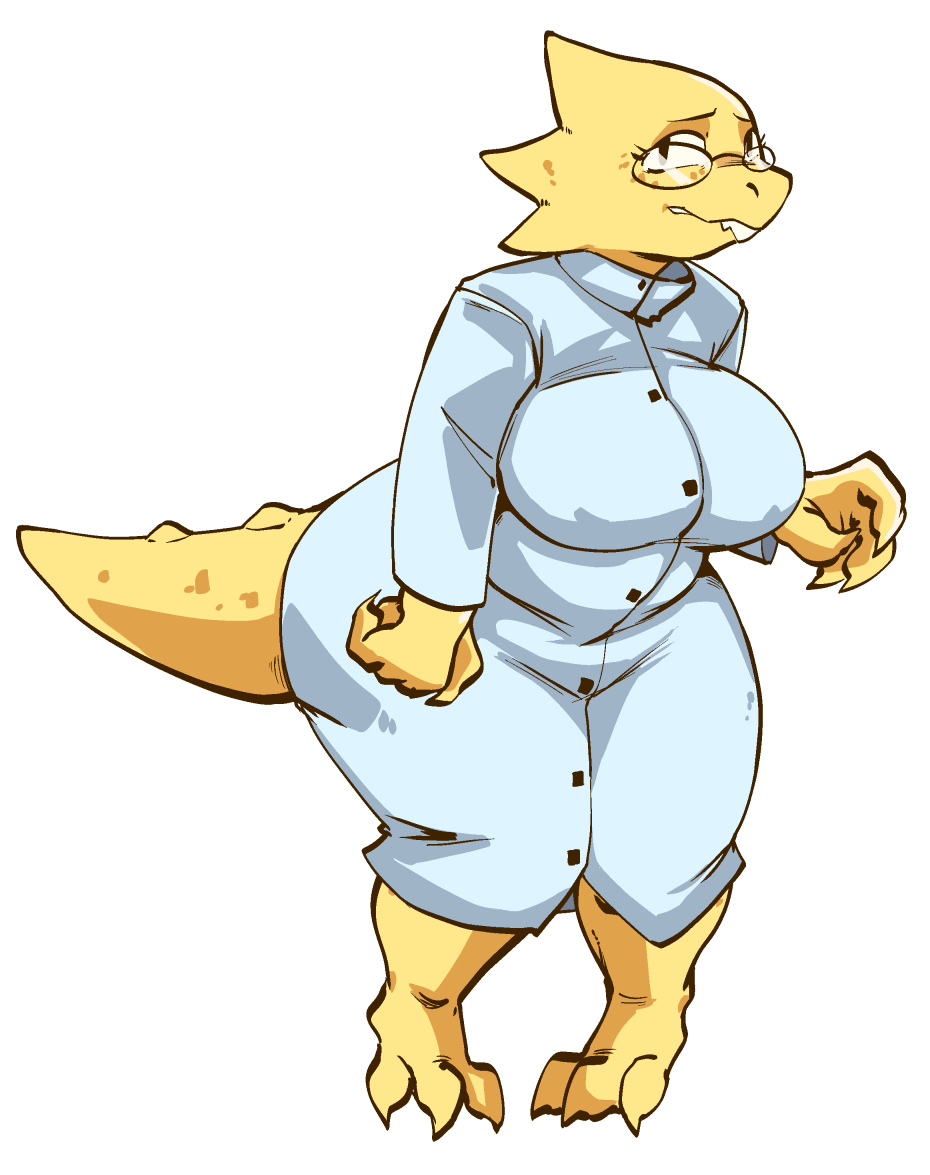 1girl 2020s 2023 alphys anthro anthro_only big_breasts big_thighs box_chan breasts clothed eyebrows eyelashes female female_only glasses lab_coat labcoat lizard lizard_girl monster monster_girl reptile reptile_girl scalie sfw solo solo_female tail thick_thighs undertale white_background wide_hips yellow_body yellow_skin