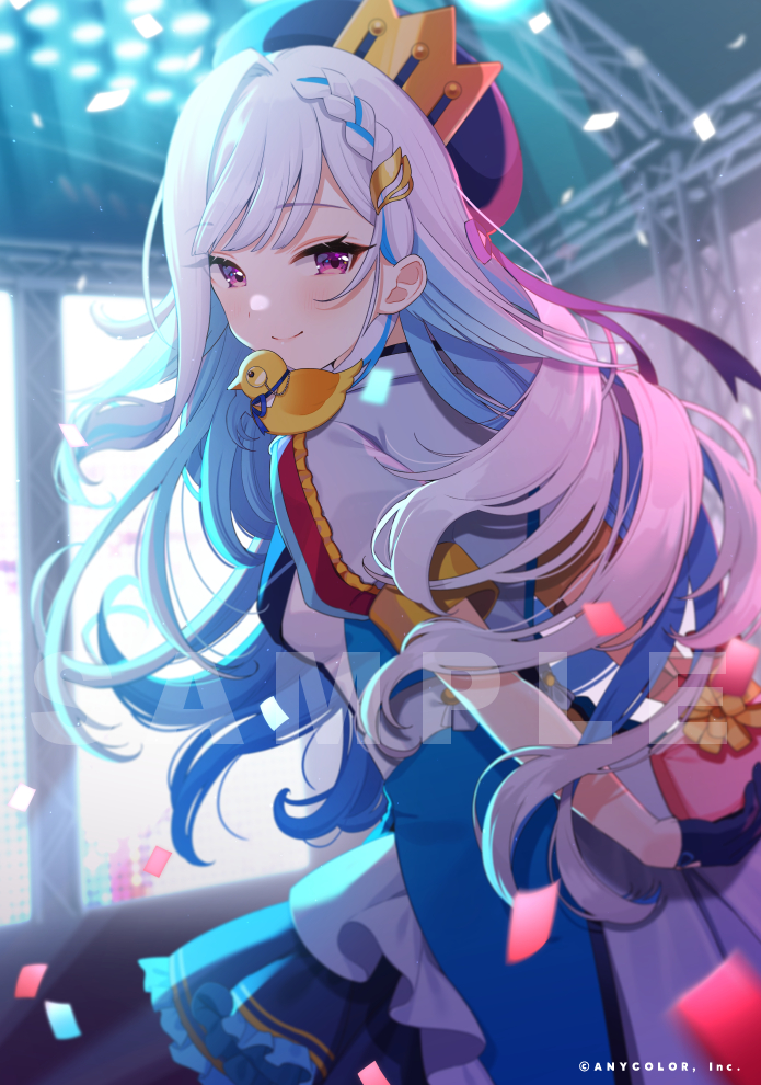 1girl bird black_gloves blue_hair braid closed_mouth concert confetti dress gift gloves hat holding holding_gift lize_helesta long_hair looking_at_viewer looking_back multicolored_hair nijisanji shigure_ui short_sleeves smile solo standing violet_eyes virtual_youtuber white_hair