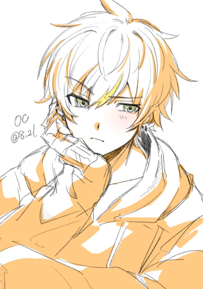 1boy blonde_hair blush closed_mouth commentary dated green_eyes hood hood_down hoodie looking_to_the_side male_focus multicolored_hair orange_hoodie orange_theme project_sekai shinonome_akito simple_background solo streaked_hair symbol-only_commentary taro14_tea white_background
