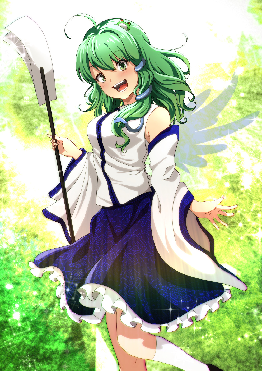 1girl ahoge blue_skirt detached_sleeves floral_print frilled_skirt frills frog_hair_ornament gohei green_eyes green_hair hair_ornament highres holding holding_gohei kochiya_sanae looking_at_viewer multicolored_background murasaki_tsutsuji nontraditional_miko open_mouth skirt smile snake_hair_ornament socks solo touhou unfinished_dream_of_all_living_ghost white_socks wide_sleeves