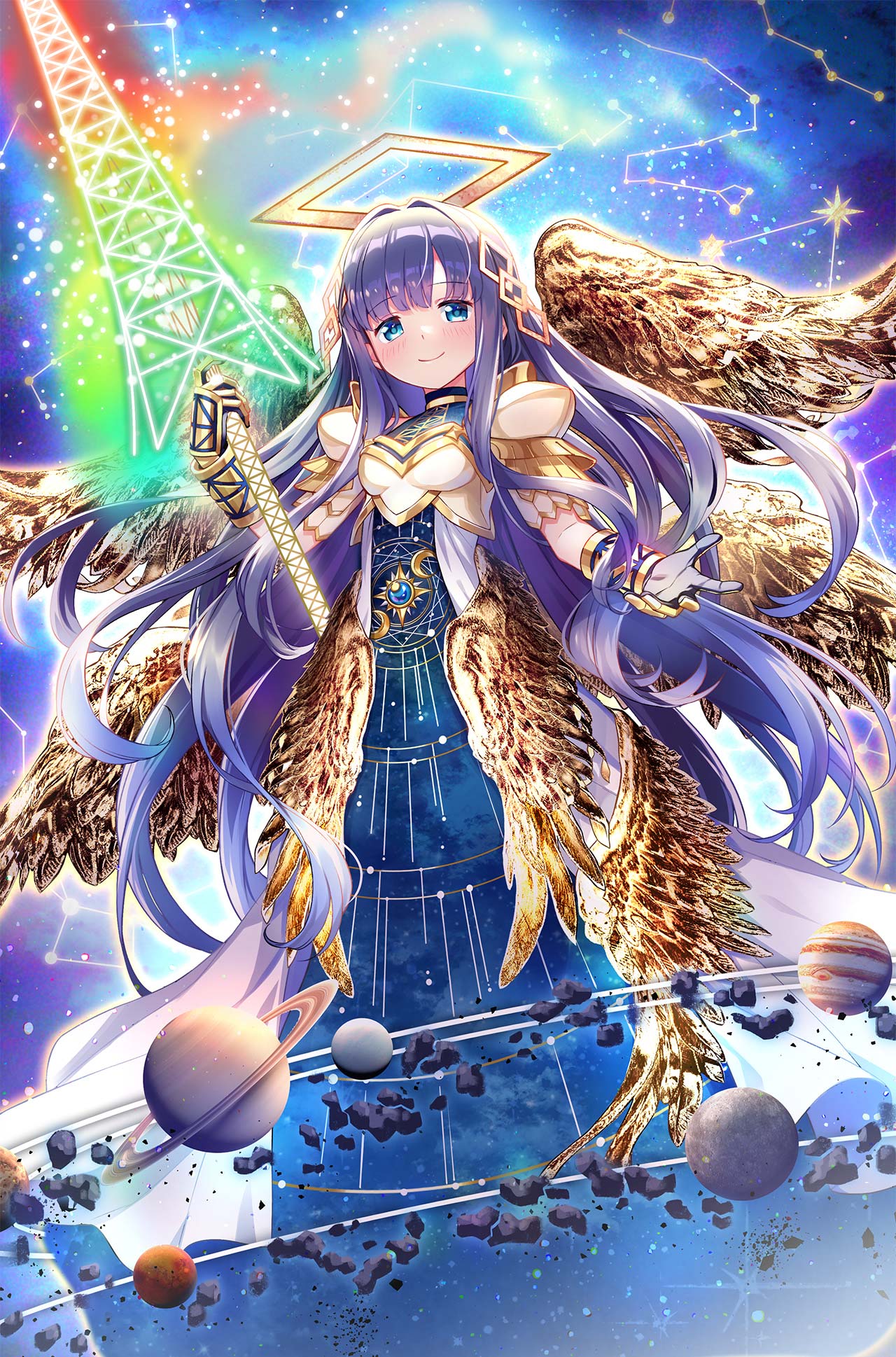 1girl absurdly_long_hair armor armored_gloves asteroid blending blue_background blue_dress blue_hair breastplate closed_mouth constellation crescent dress game_cg gloves hair_intakes halo highres holding holding_weapon jupiter_(planet) long_dress long_hair low_wings magia_record:_mahou_shoujo_madoka_magica_gaiden mahou_shoujo_madoka_magica mars_(planet) multiple_wings nanami_yachiyo nanami_yachiyo_(historia_ver.) official_art planet saturn_(planet) smile solo square_halo very_long_hair weapon weapon_request white_armor white_dress wings
