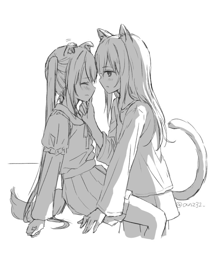 2girls animal_ear_fluff animal_ears anz32 blush cat_ears cat_girl cat_tail closed_eyes closed_mouth commentary_request cropped_legs dog_ears dog_girl dog_tail ears_down greyscale layered_sleeves long_hair long_sleeves monochrome multiple_girls original parted_lips pleated_skirt puffy_short_sleeves puffy_sleeves sailor_collar school_uniform serafuku shirt short_over_long_sleeves short_sleeves simple_background sketch skirt tail twintails twitter_username very_long_hair wavy_mouth white_background yuri