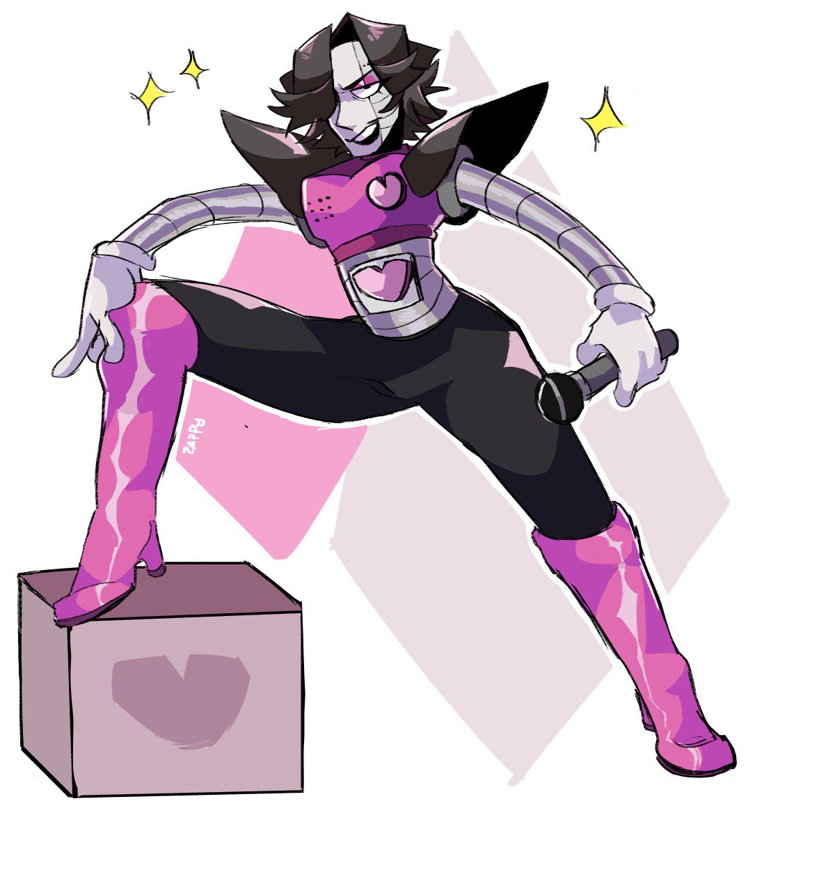 1boy 2010s 2019 _zzappyy_ black_hair boots box hair_over_one_eye high_heel_boots holding_microphone humanoid humanoid_robot male male_only mettaton mettaton_ex microphone pink_boots robot sfw simple_background sparkle sparkles undertale