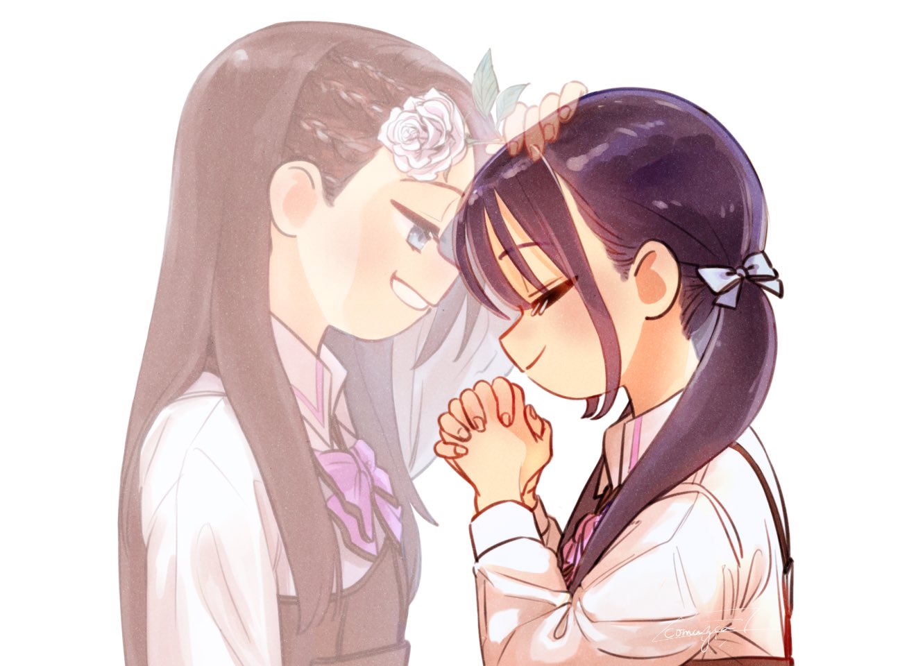 2girls arm_at_side arm_up artist_name assault_lily asymmetrical_bangs black_hair blue_eyes bow bowtie braid braided_bangs brown_hair closed_eyes closed_mouth collared_shirt commentary corset face-to-face fading flower from_side grey_bow grin hair_bow hand_on_another's_head hands_up holding holding_flower interlocked_fingers komuzuka long_hair long_sleeves looking_at_another looking_down low_twintails ludvico_private_girls'_academy_school_uniform multiple_girls nosaka_jacqueline_kazane own_hands_clasped own_hands_together parted_lips pink_bow pink_bowtie profile rose school_uniform seto_veronica_ichika shirt signature simple_background smile suspenders symbol-only_commentary twintails underbust white_background white_flower white_rose white_shirt