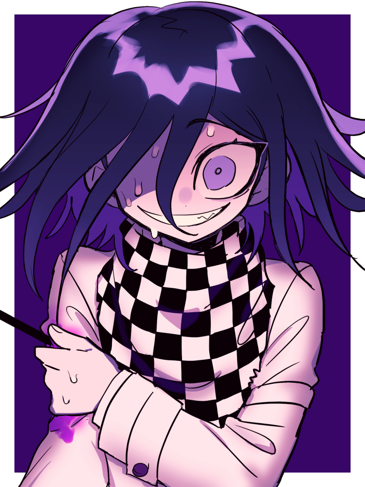1boy a_(poipiku_325815) blood checkered_clothes checkered_scarf commentary_request danganronpa_(series) danganronpa_v3:_killing_harmony grin hair_between_eyes hand_on_own_arm hand_up impaled jacket long_sleeves looking_at_viewer male_focus oma_kokichi open_mouth purple_hair scarf short_hair smile solo straitjacket sweatdrop teeth upper_body violet_eyes white_jacket wide-eyed