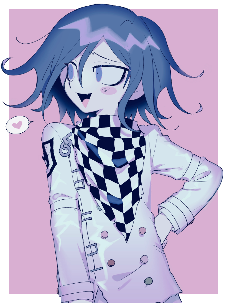 1boy :d a_(poipiku_325815) border checkered_clothes checkered_scarf commentary_request danganronpa_(series) danganronpa_v3:_killing_harmony fang hair_between_eyes heart jacket long_sleeves looking_to_the_side male_focus oma_kokichi open_mouth pink_background purple_hair scarf short_hair smile solo spoken_heart straitjacket upper_body violet_eyes white_border white_jacket