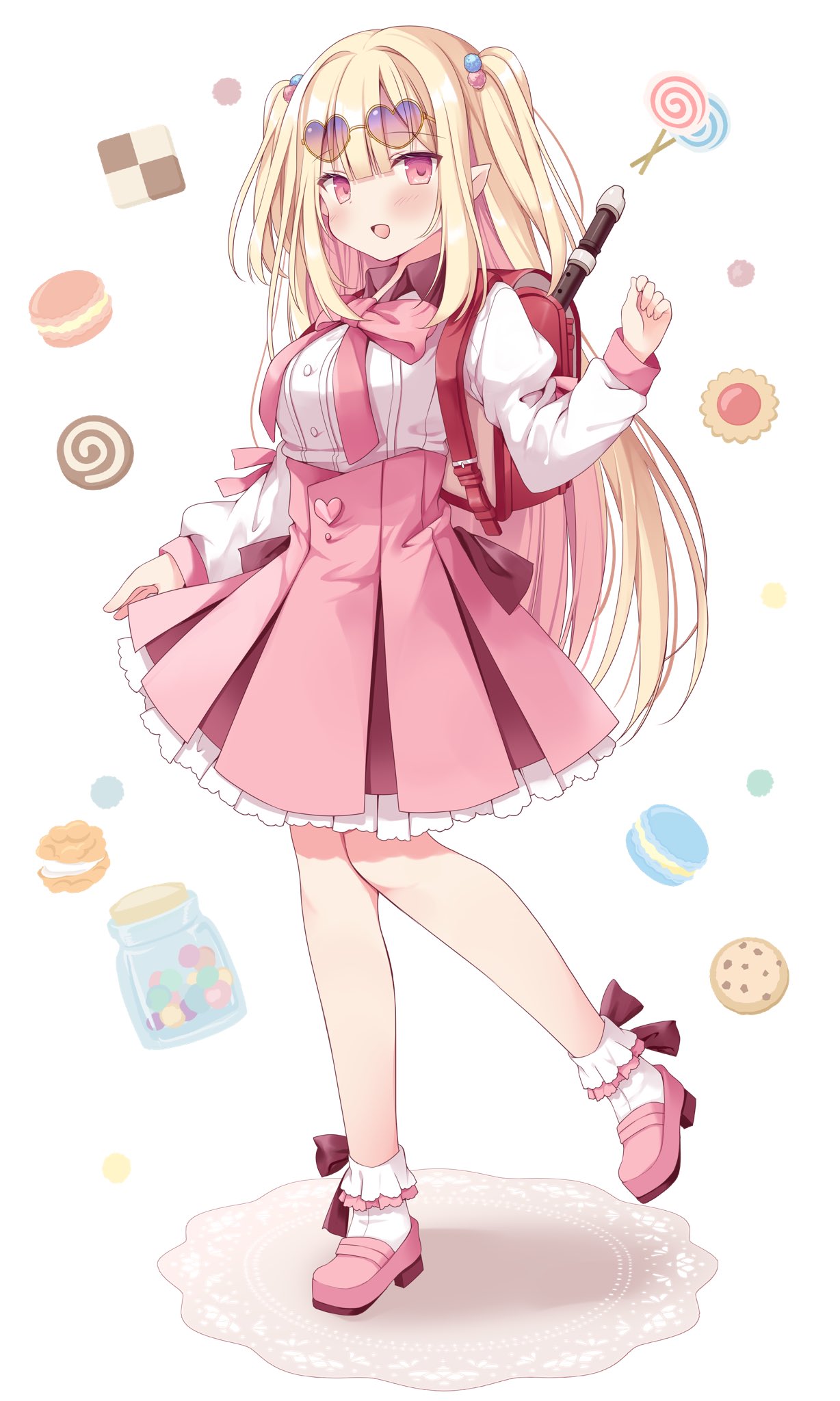 1girl backpack bag beads blonde_hair blush commission cookie dress elf eyewear_on_head flute food hair_beads hair_ornament heart heart-shaped_eyewear highres hoshino_koucha indie_virtual_youtuber instrument light_blush long_hair long_sleeves macaron misuzu_kami open_mouth pink_dress pink_eyes pink_footwear pointy_ears red_bag second-party_source shoes short_twintails smile solo standing standing_on_one_leg sunglasses twintails
