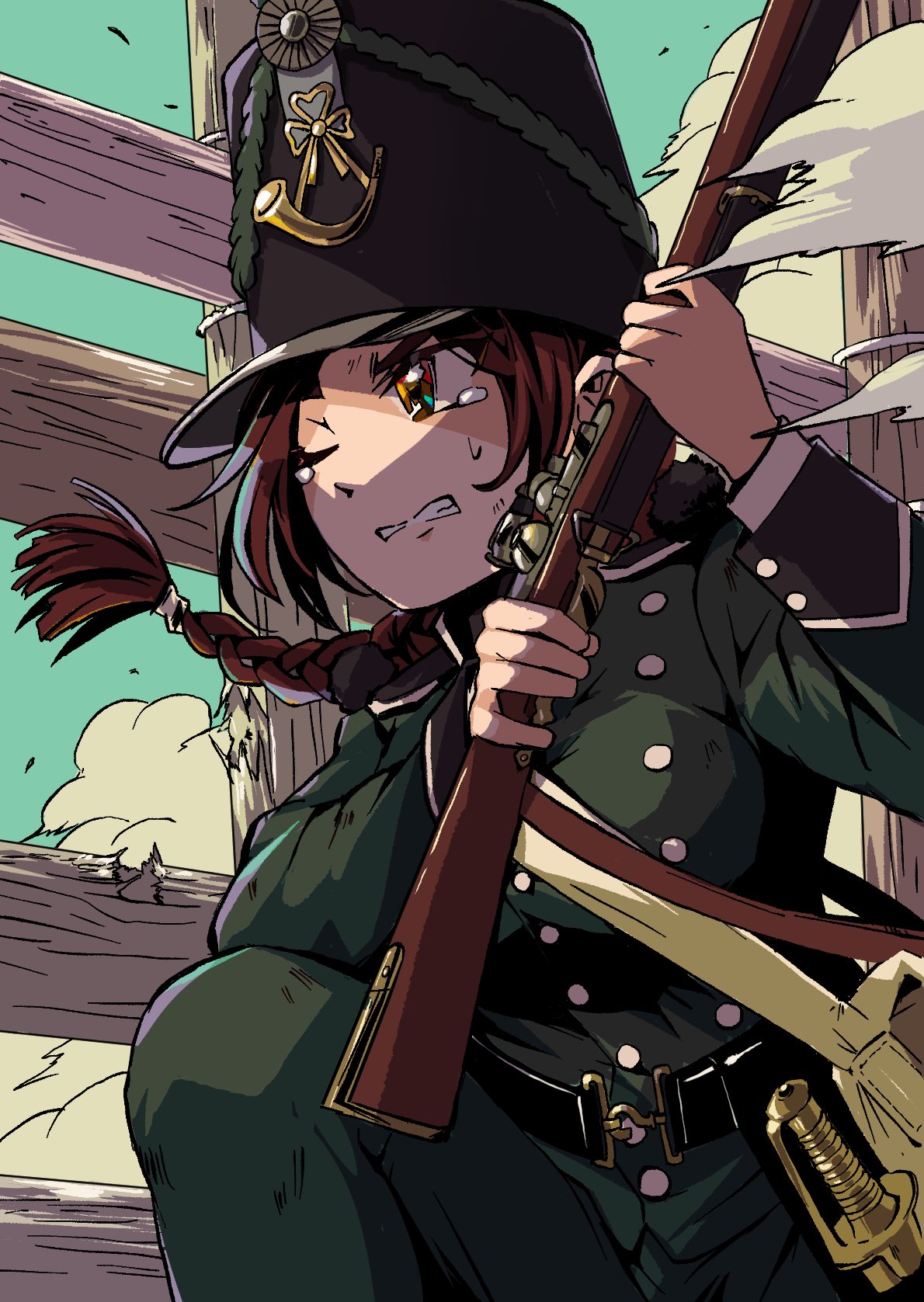 1girl antique_firearm bag baker_rifle belt blue_sky braid braided_ponytail british_army brown_eyes brown_hair bullet_hole buttons caplock clenched_teeth double-breasted epaulettes fence firelock flintlock green_jacket gun hair_tie hat highres holding holding_gun holding_weapon holstered jacket long_hair long_sleeves military military_hat military_uniform musket one_eye_closed original outdoors post_and_rail_fence rifle saber_(weapon) satchel shako_cap shoulder_bag sidelocks single_braid sky sleeve_cuffs smoke solo squatting sweat sweatdrop sword tearing_up teeth uniform weapon wooden_fence wrist_cuffs zeinikunosekai