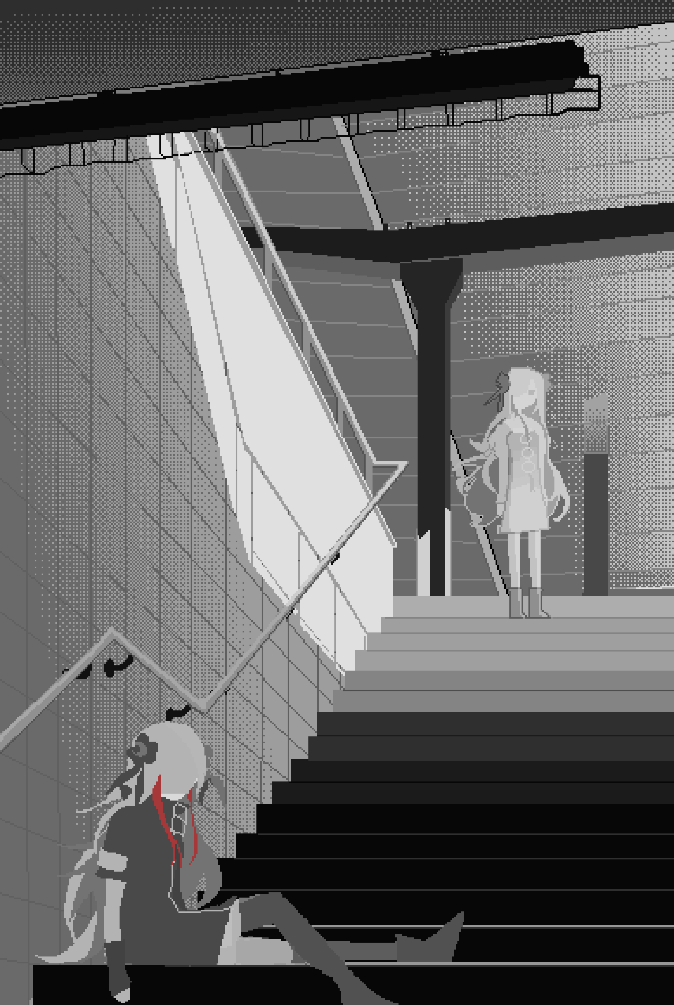 2girls absurdres against_wall arms_at_sides boots chinese_commentary coat commentary_request covered_face dress dual_persona expressionless fingerless_gloves gloves greyscale hair_over_face halftone head_down highres isekai_joucho jitome kamitsubaki_studio knee_up kuon_kyomu long_hair looking_at_another monochrome multicolored_hair multiple_girls no_mouth outstretched_leg pixel_art railing redhead shadow shelter short_dress short_sleeves sitting sitting_on_stairs spot_color stairs standing streaked_hair subway_station tile_wall tiles virtual_youtuber wavy_hair wide_shot zipper_pull_tab