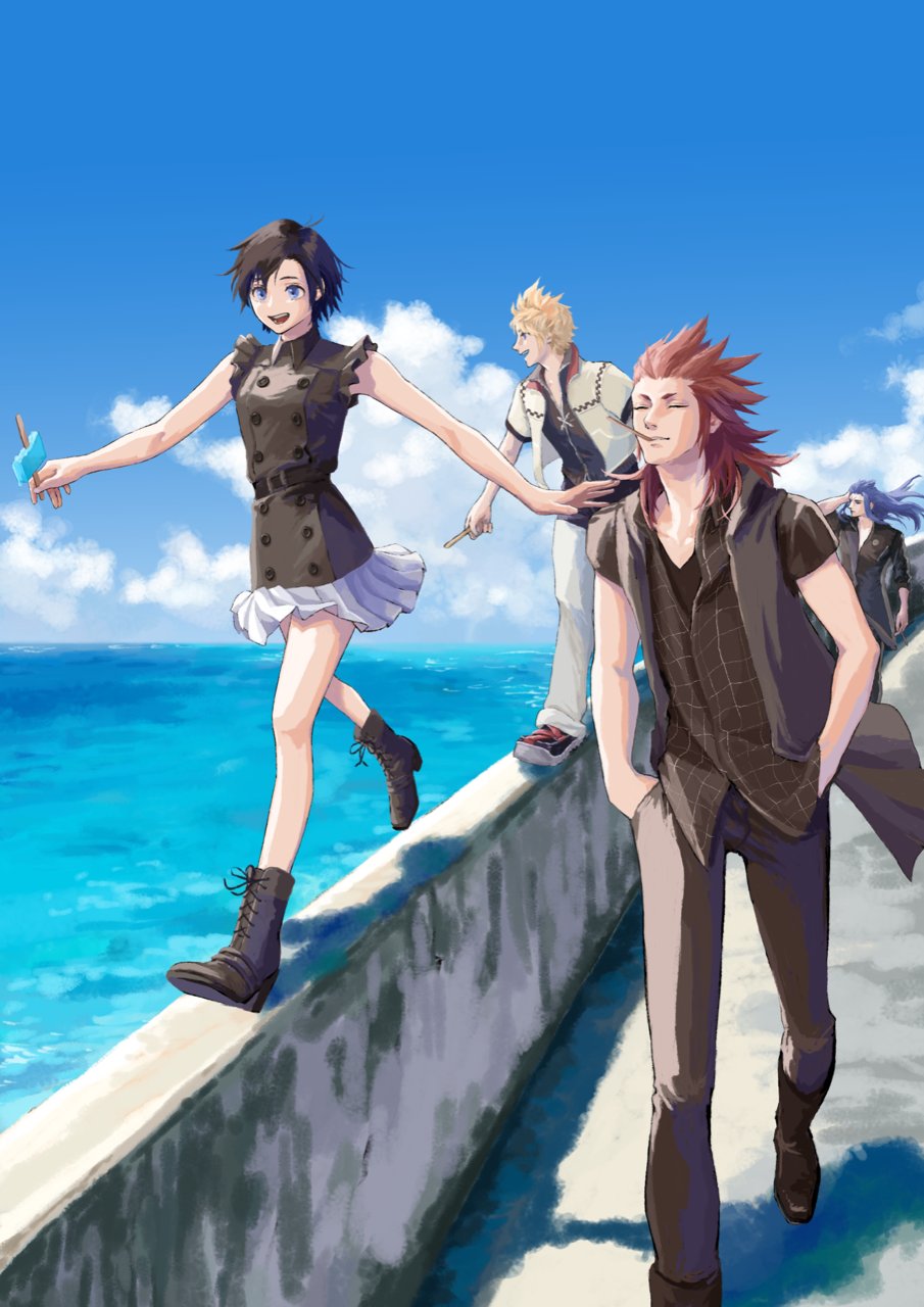 1girl 3boys axel_(kingdom_hearts) bare_arms bare_shoulders black_footwear black_hair black_pants black_shirt blonde_hair blue_eyes blue_hair blue_sky boots breasts closed_eyes food frilled_sleeves frills full_body hair_slicked_back hand_in_own_hair hands_in_pockets highres holding holding_food holding_ice_cream ice_cream jacket kingdom_hearts kingdom_hearts_iii long_hair medium_breasts mukashino multiple_boys ocean open_mouth outdoors outstretched_arms pants pleated_skirt redhead roxas saix shirt short_eyebrows short_hair short_sleeves sideburns skirt sky sleeves_rolled_up smile spiky_hair white_jacket white_pants white_skirt xion_(kingdom_hearts)